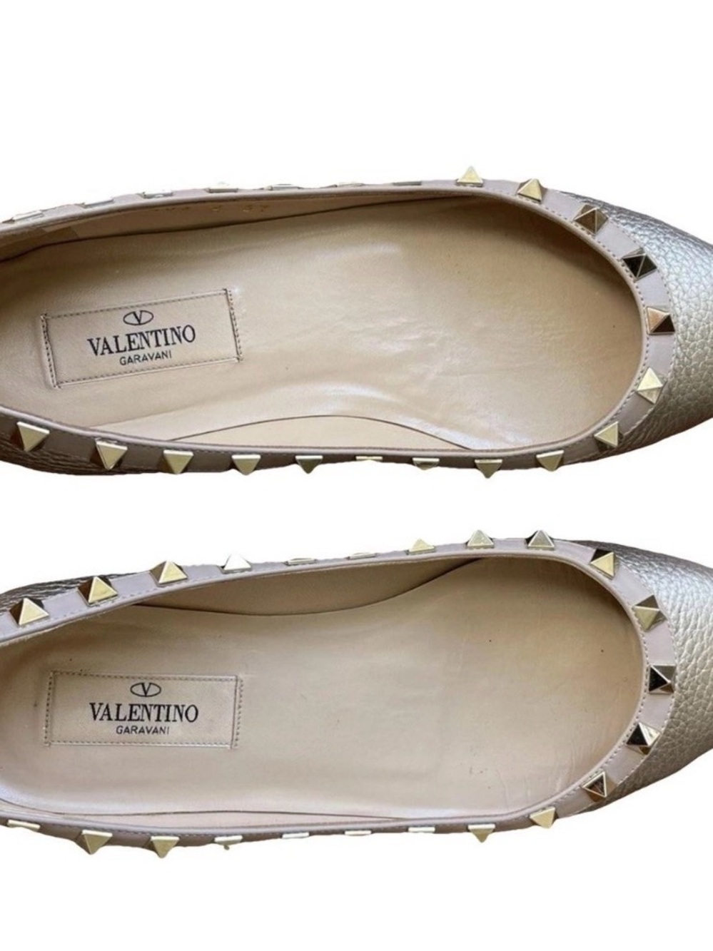 Valentino Garavani Gold-Tone Rockstud Metallic Beige Ballet Flats